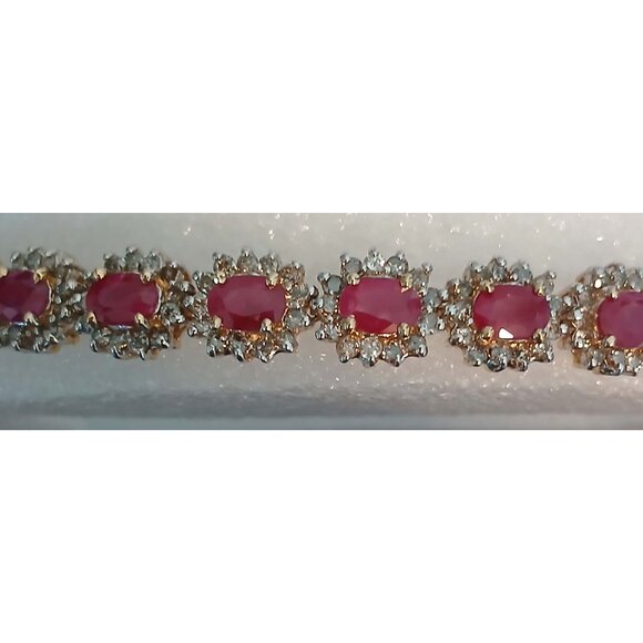 Natural Ruby & Diamond 14K Solid Yellow Gold over 14K Solid White Gold Bracelet - Picture 8 of 13